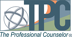 Logo for the professional counselor that has a big TPD in navy blue with an orb on the left